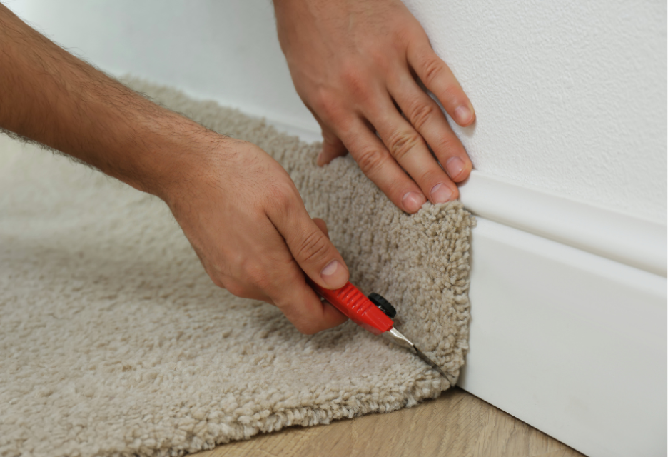Installer trimming carpet to fit against a wall and baseboard using a utility knife, with hardwood flooring visible beside the carpet